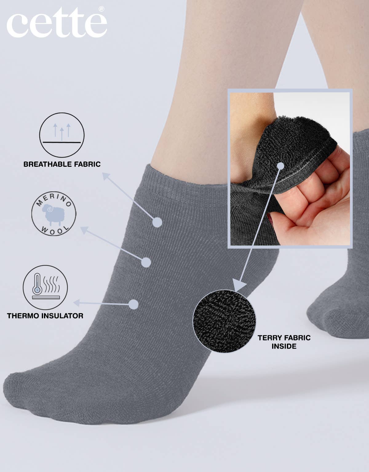 Cette - Merino Wool Footies Wool Invisible Socks Trainer Warm Socks: Dark Grey / 35/38