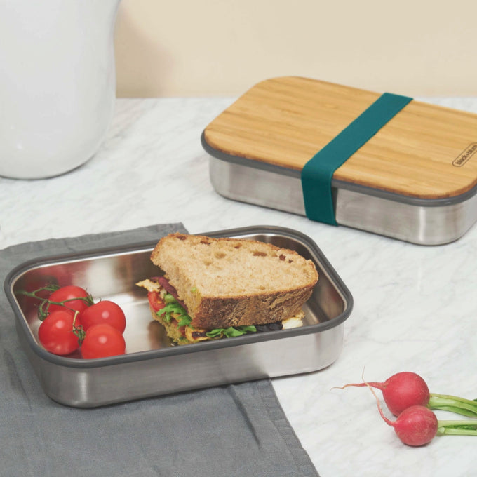 Bento Style Lunch Box - Stainless Steel Airtight Sandwich Box with Bamboo Lid - Olive