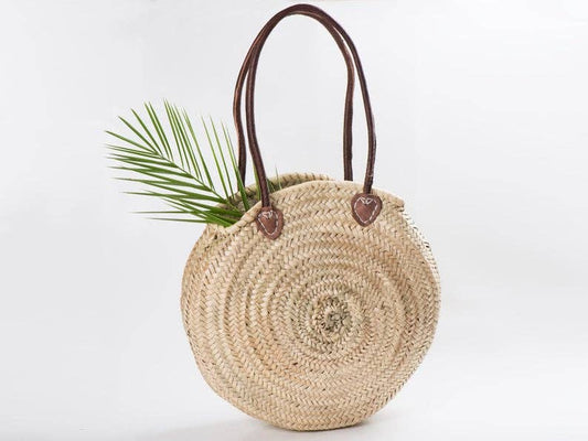 Round French Market Basket Style Straw Summer Bag, Handmade with Real Leather Handles