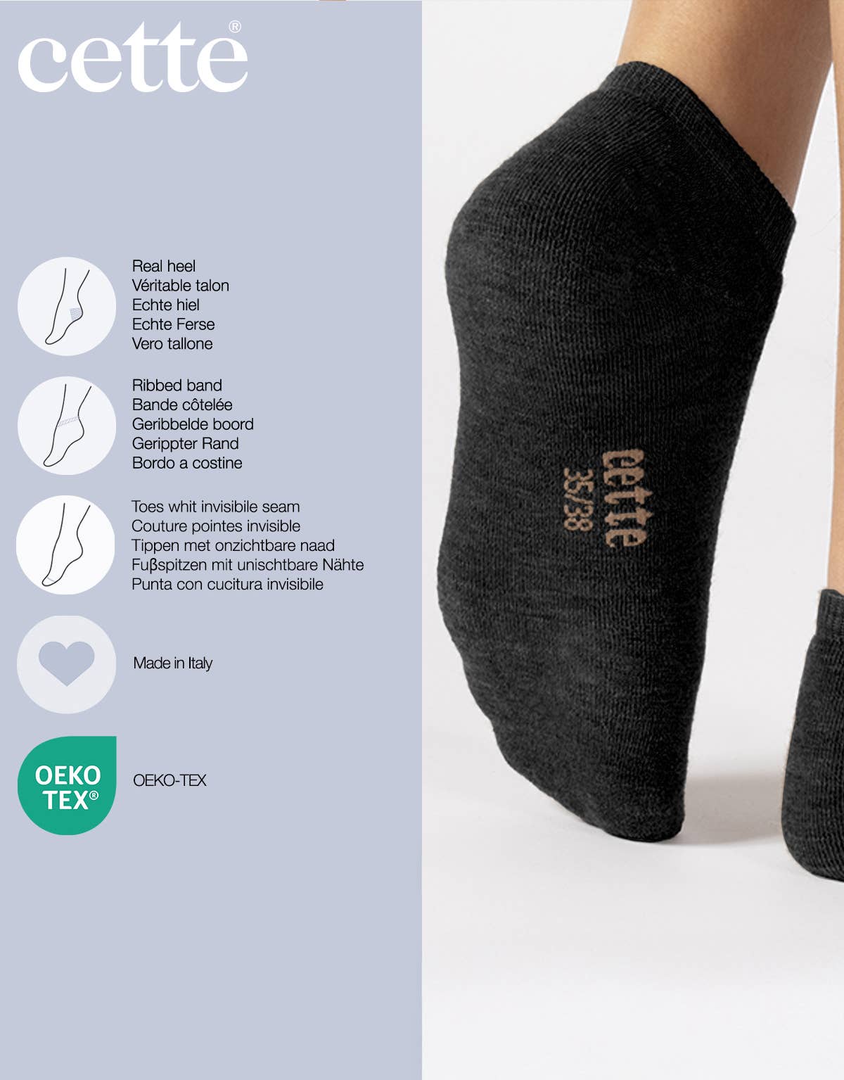 Cette - Merino Wool Footies Wool Invisible Socks Trainer Warm Socks: Dark Grey / 35/38