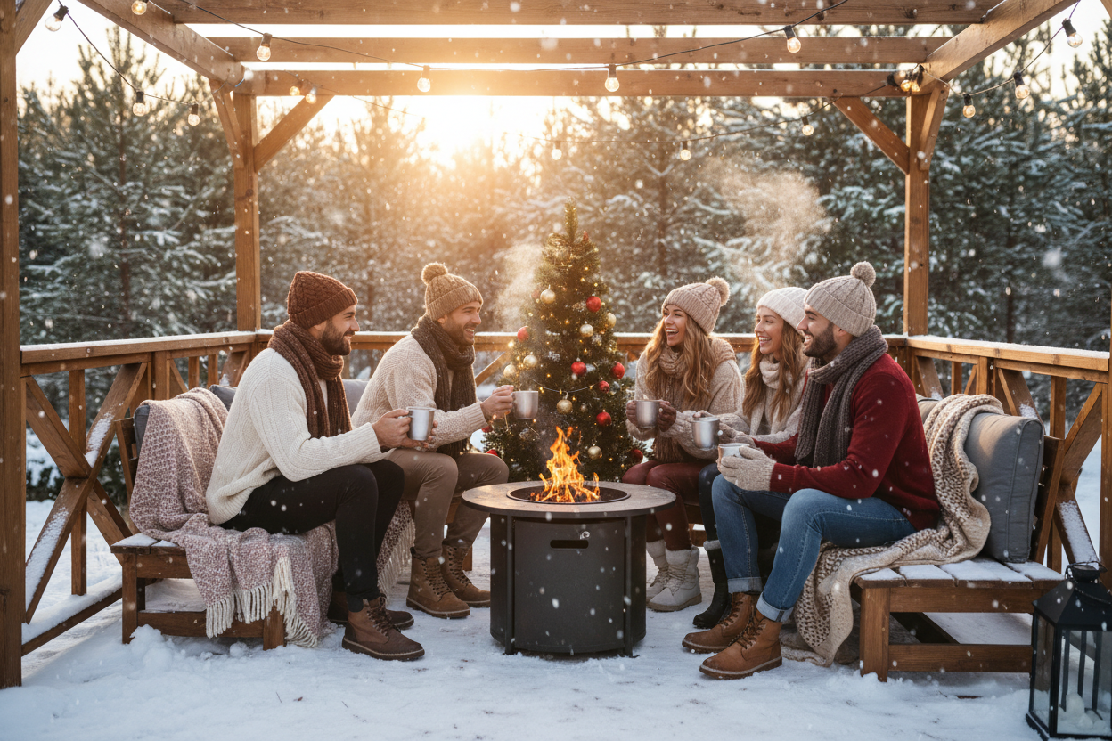 Create an outdoors group of adult friends celebrating Christmas 