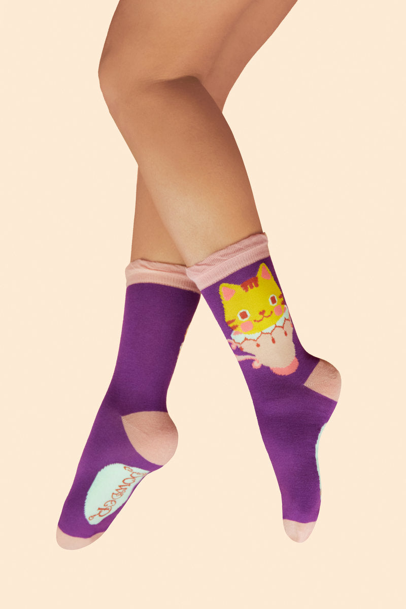 Afternoon Tea Kitty Ankle Socks in Lavender