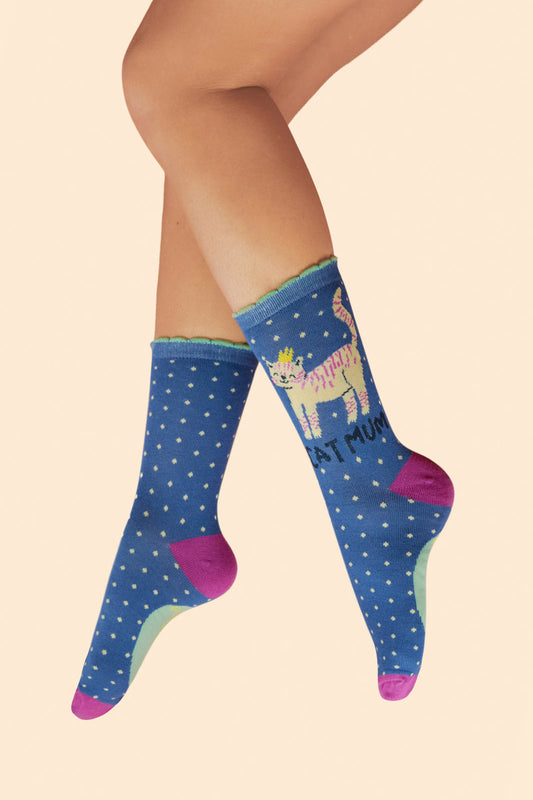 Cat Mum Ankle Socks in Blue