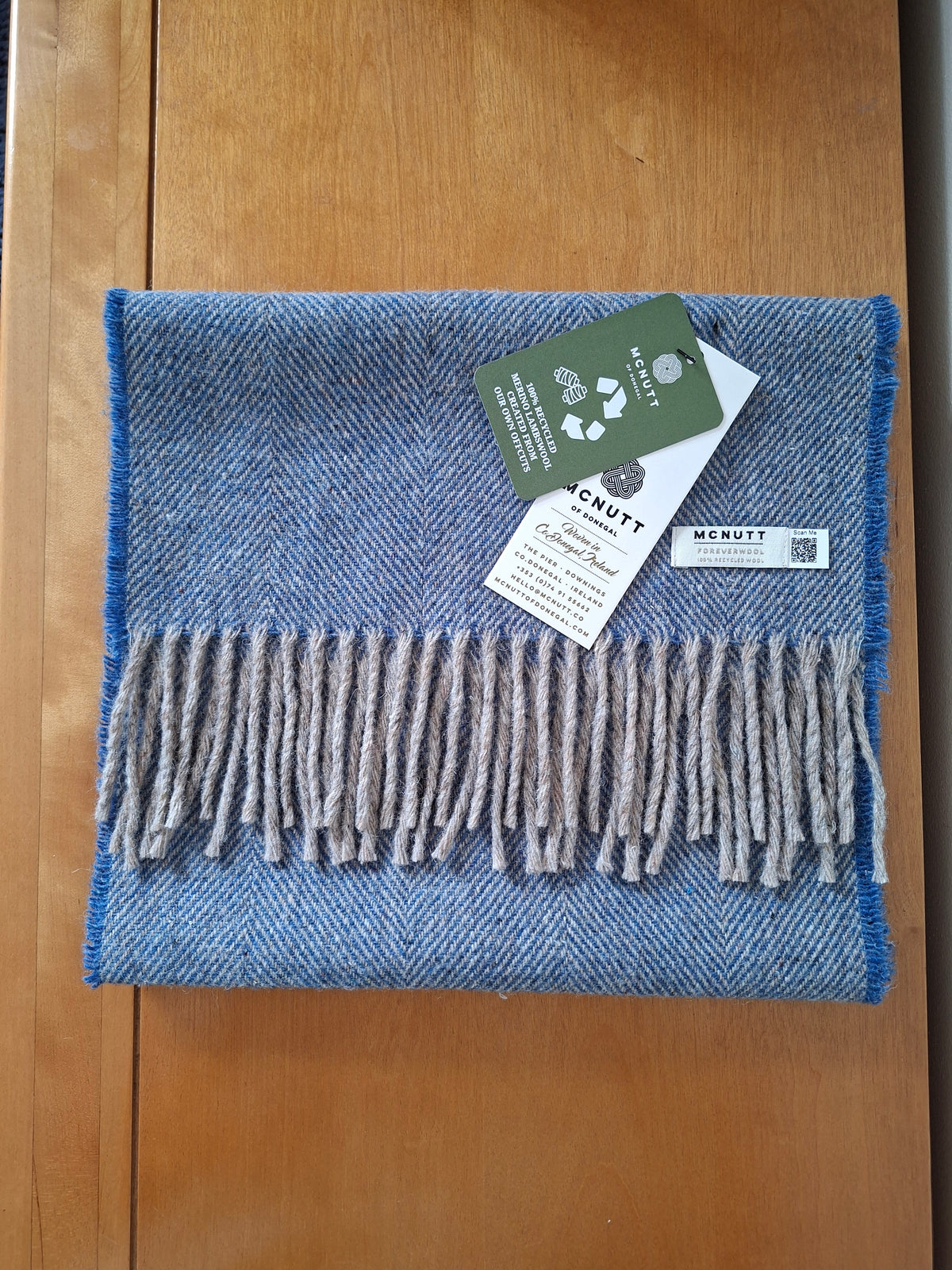 McNutt FOREVER recycled Merino wool Wild Blue scarf in blue and grey