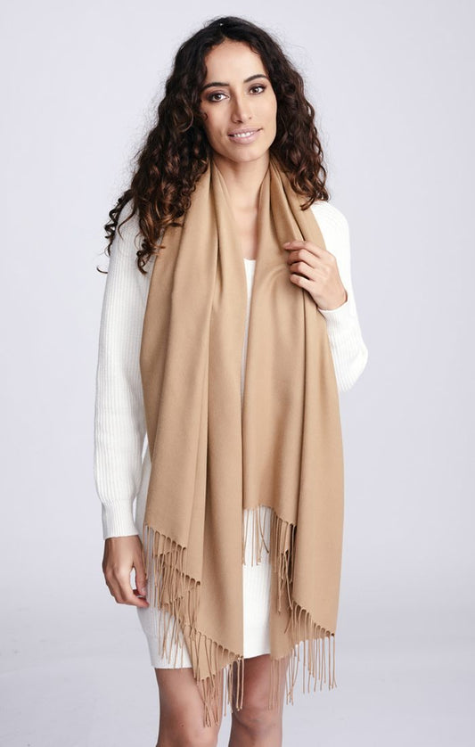Pashmina Wrap Fringed Scarf in Taupe by Pia Rossini