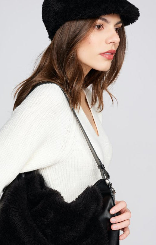 The Brielle Bag - PU Leather & Fur Slouch Bag in Black