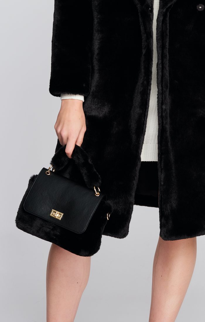 The Hepburn Bag - Faux Fur Handbag with Top Handle in Black