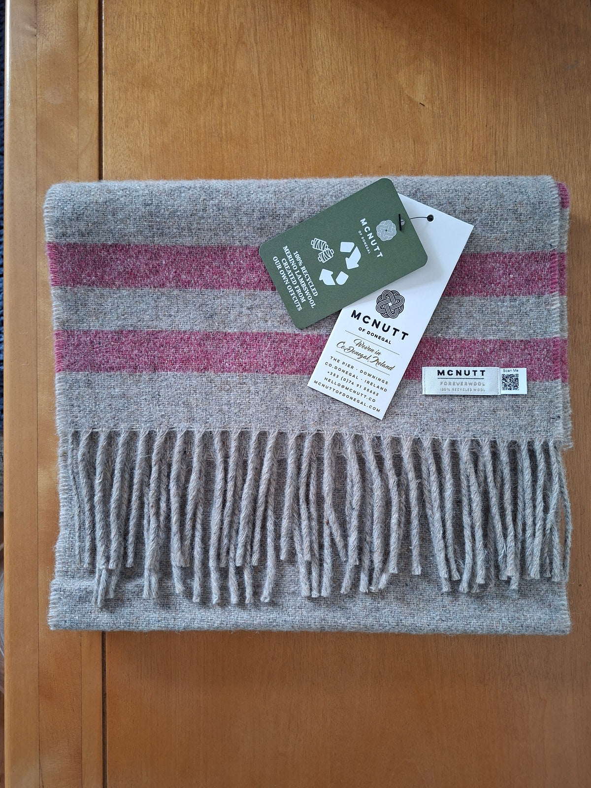 McNutt FOREVER Pebble Stripe recycled Merino wool scarf in grey and pink