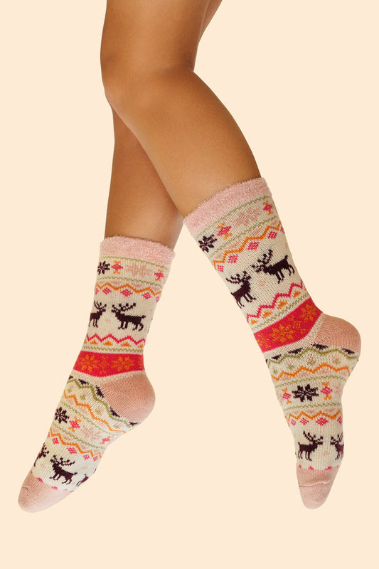 Fair Isle Reindeer Cosy Socks - Petal Pink