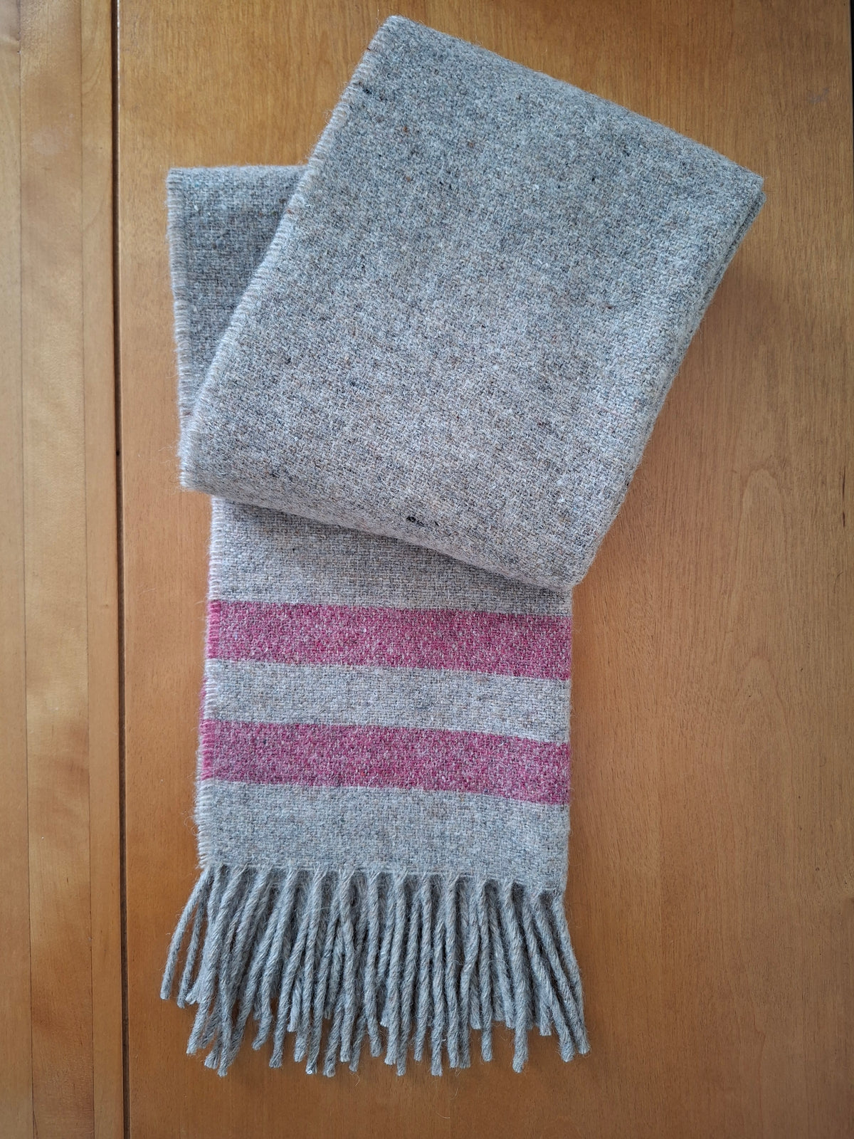 McNutt FOREVER Pebble Stripe recycled Merino wool scarf in grey and pink