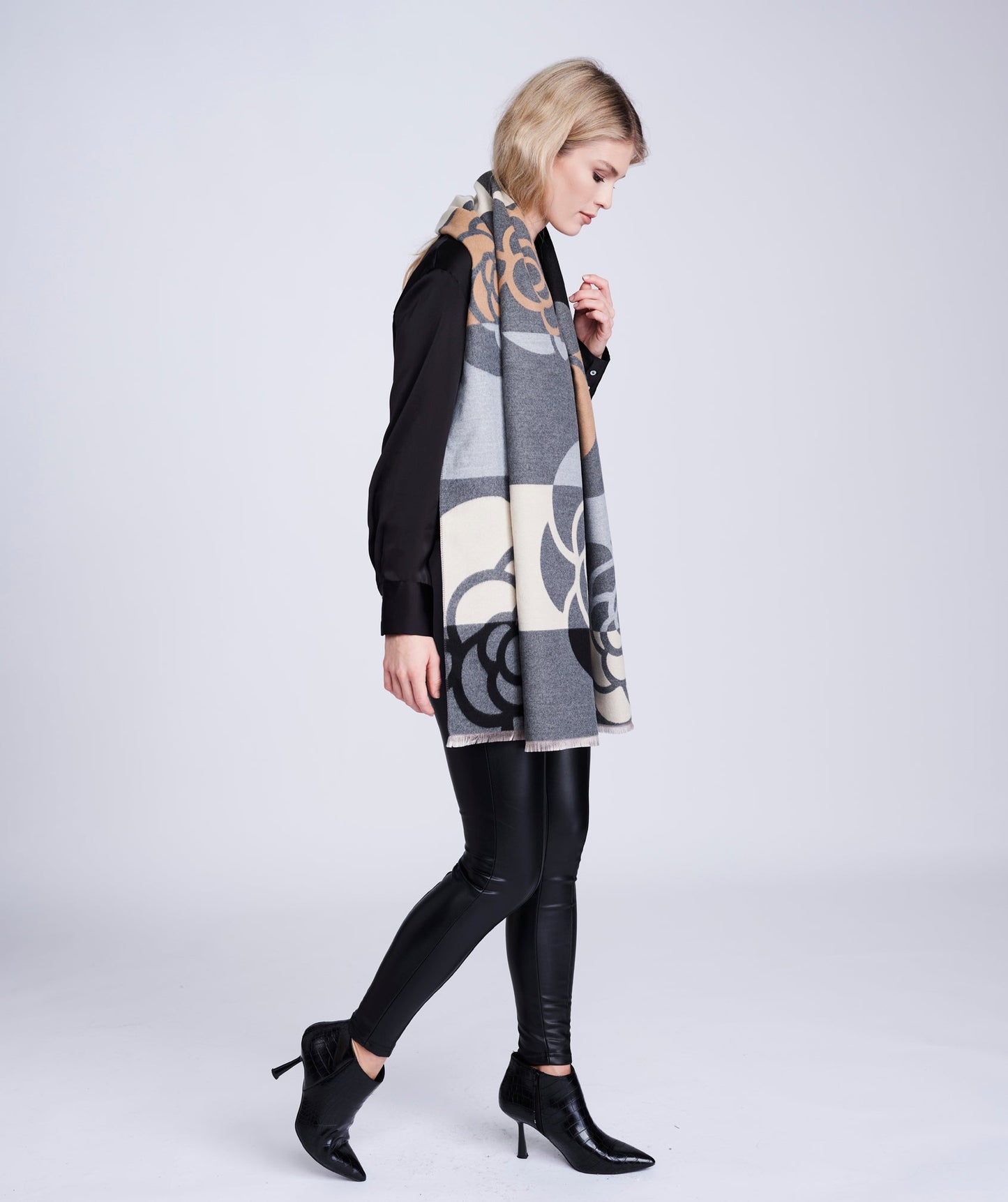 Silver Grey and Camel Oversized Floral Print Scarf