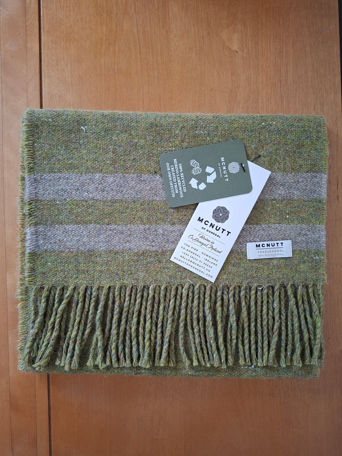 McNutt FOREVER Olive Stripe recycled Merino wool scarf in green and grey
