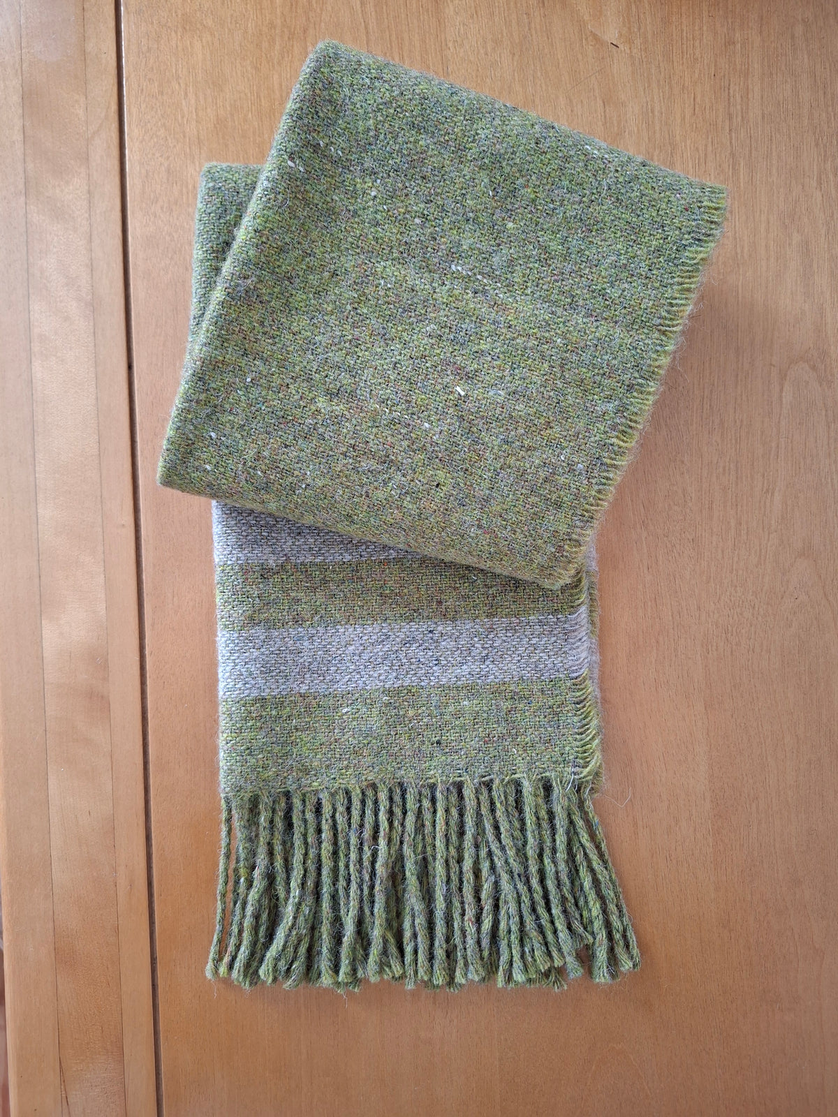 McNutt FOREVER Olive Stripe recycled Merino wool scarf in green and grey