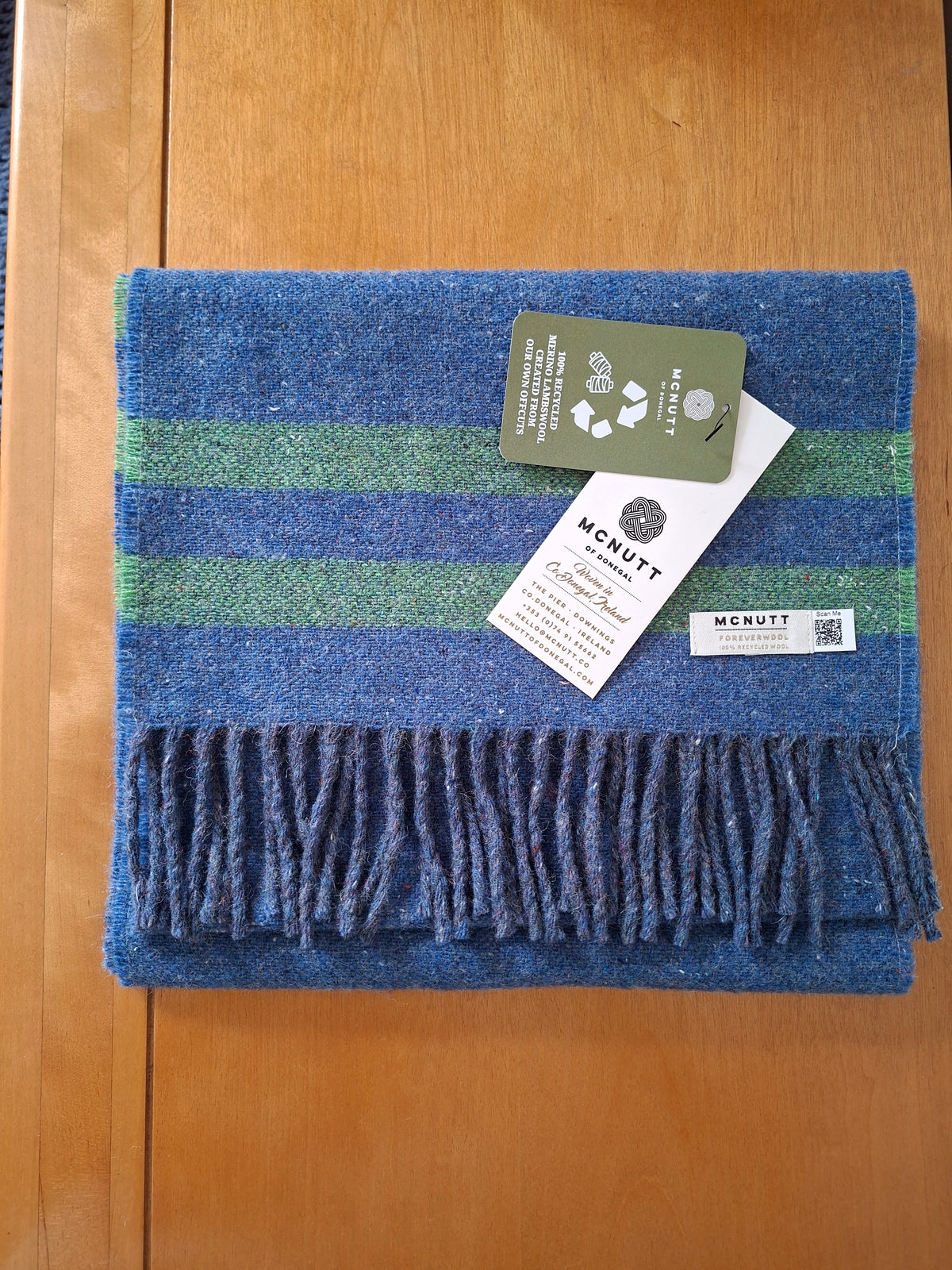 McNutt FOREVER Ocean Stripe recycled Merino wool scarf in blue and green