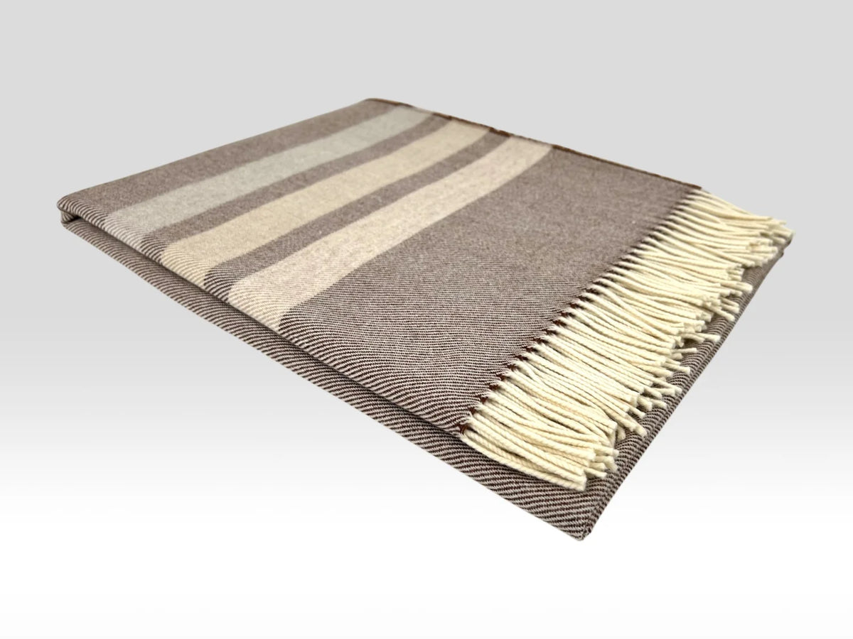McNutt Coffee Brew Merino lambswool throw, close-up showing woven texture, warm brown tones and fringe