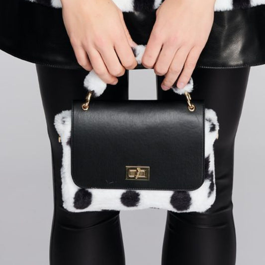 The Dasha Bag - Faux Fur Handbag in Black & White Polka Dot Style