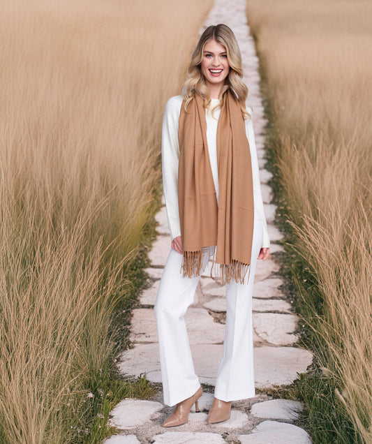Pashmina Wrap Fringed Scarf in Taupe by Pia Rossini