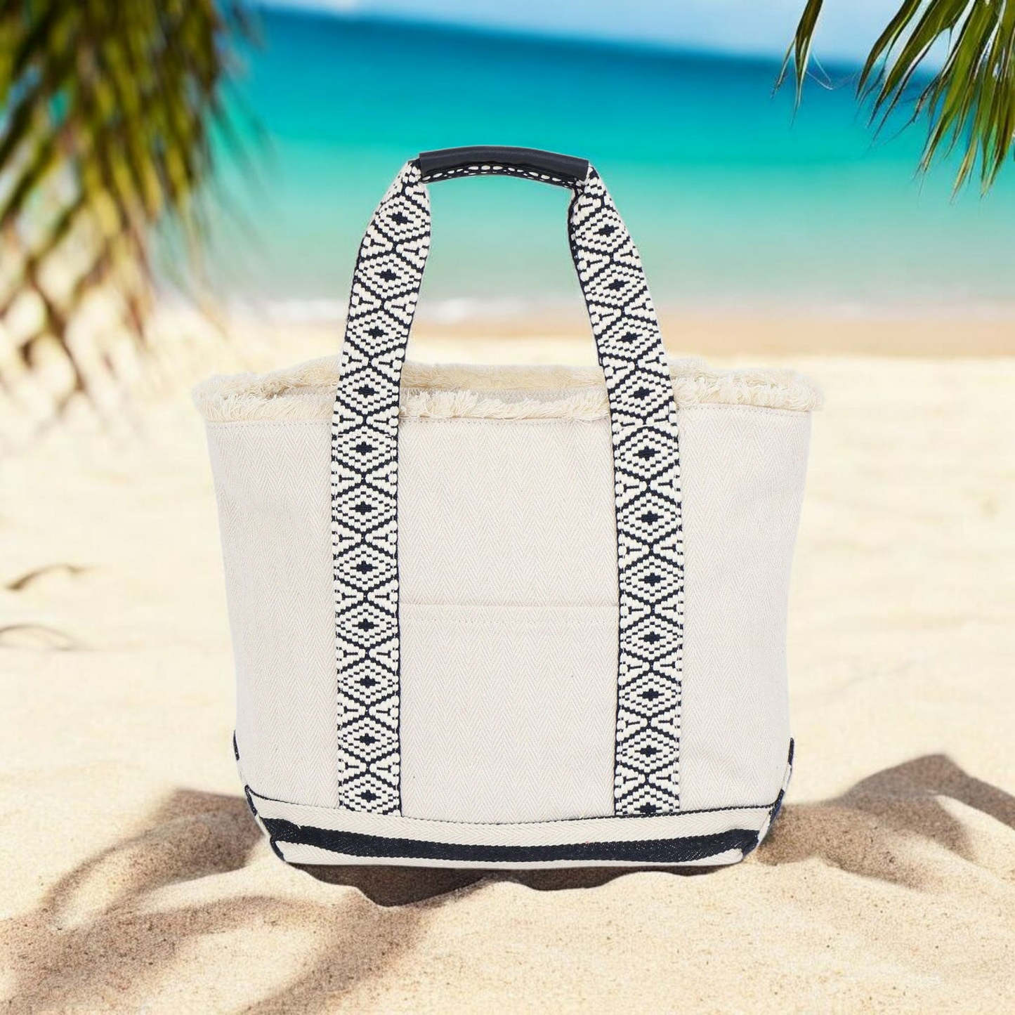 Medium Canvas Tote Beach Bag – Natural & Navy | Pia Rossini Melissa | Travel, Market & Everyday Shopper