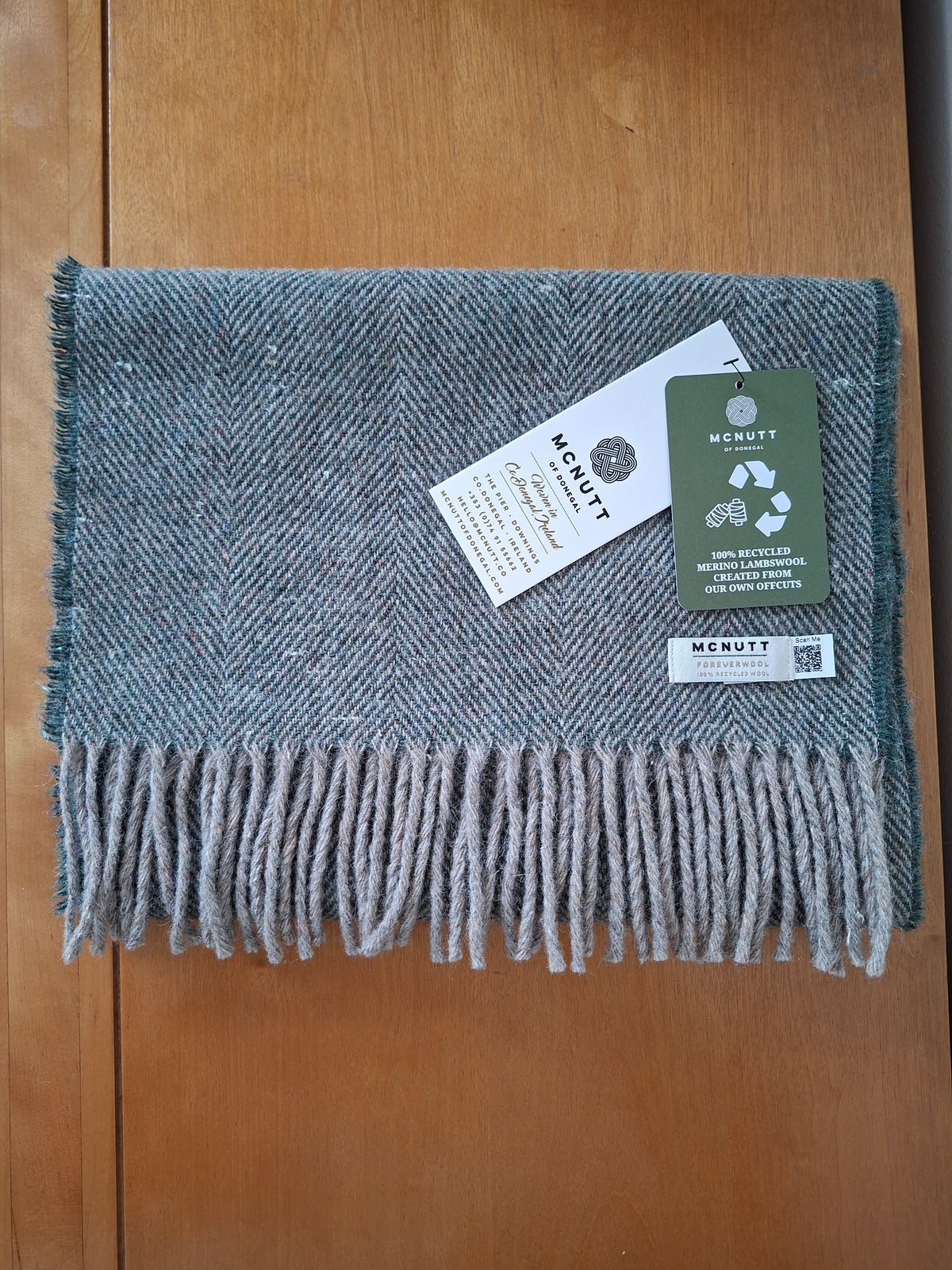 McNutt FOREVER recycled Merino wool Cypress Herringbone scarf in green and grey