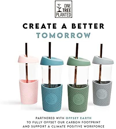 Glass Smoothie Cup (20 oz) by Neon Kactus, 2 lids, metal straw - Diamond Parrot Accessory Emporium