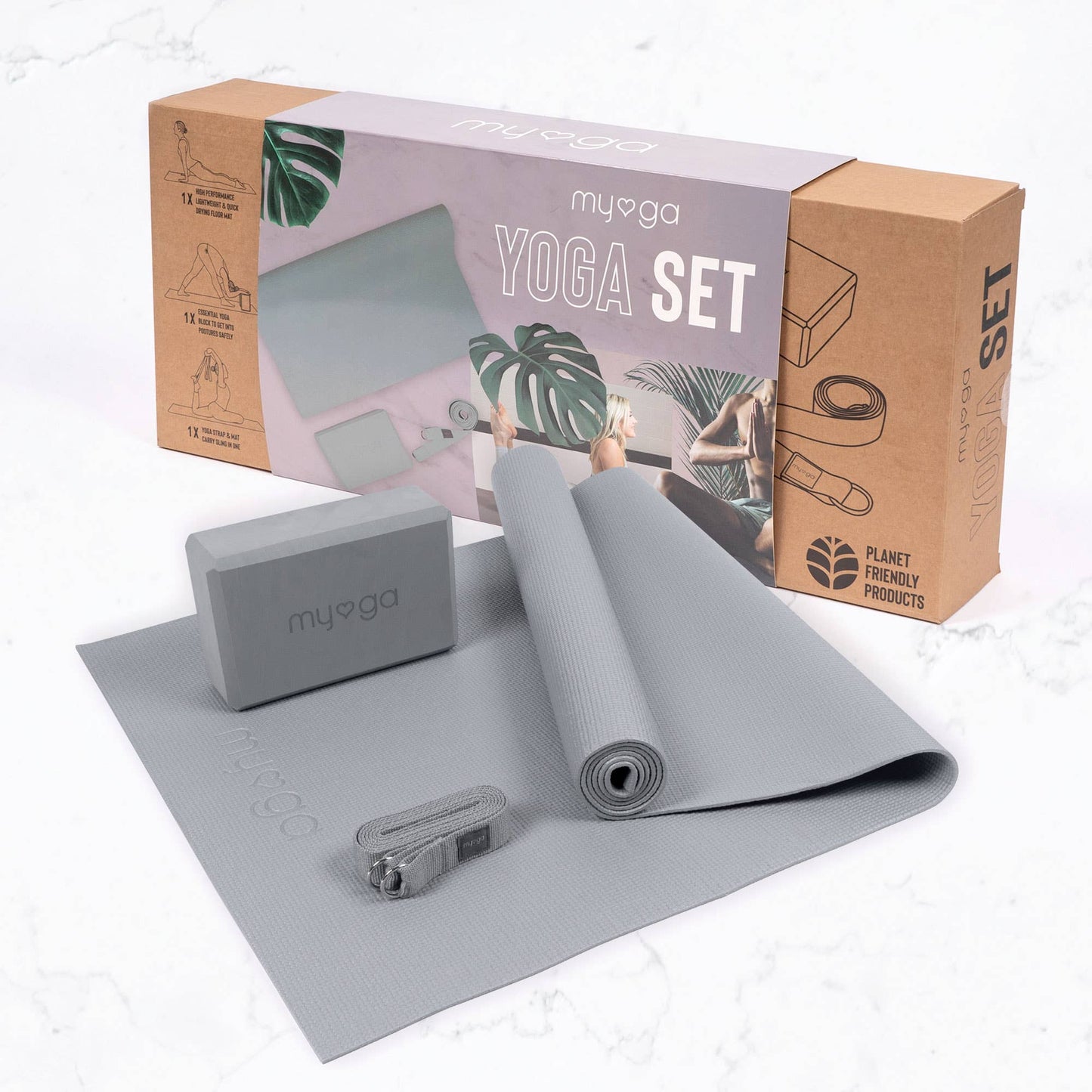 Yoga Starter Kit in Grey, Mat, Block and Strap