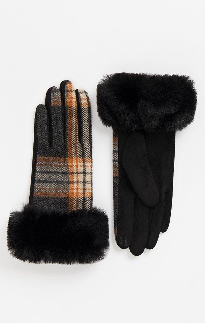 Maria Ladies Gloves by Pia Rossini – Black/White/Orange Tartan Design - Diamond Parrot Accessory Emporium